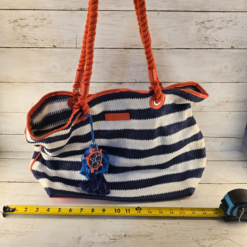 Vera Bradley Nautical Striped Tote Bag Orange Rope Handle Turtle Charm Nvy White
